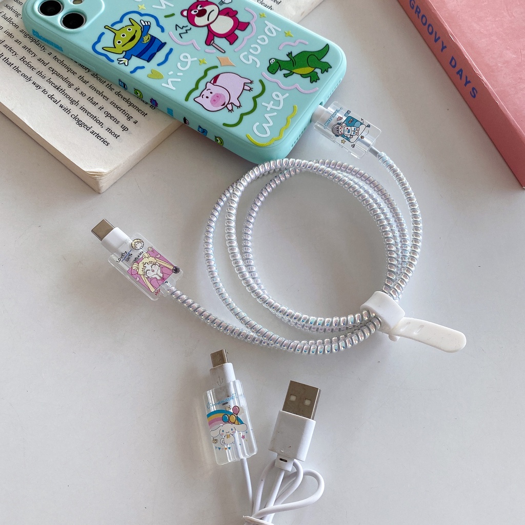 1 Pc Pelindung Kabel Data USB Bahan TPU Transparan Motif Kartun Hello Kitty Kaws Untuk iPhone Android