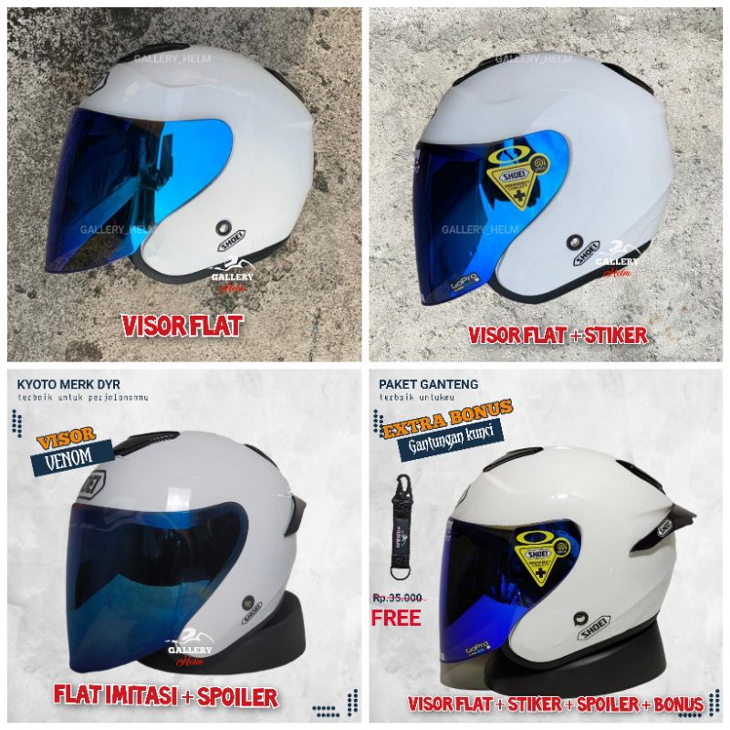 HELM KYOTO DYR PAKET GANTENG | SUDAH TERPASANG STIKER SHOEI | REPLIKA KYT KYOTO PUTIH-Paket visor blue