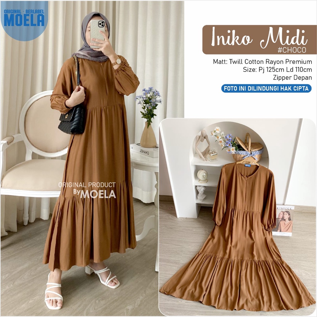 Iniko Midi Dress - Dress Midi Polos - Bahan Cotton Rayon - Zipper Depan