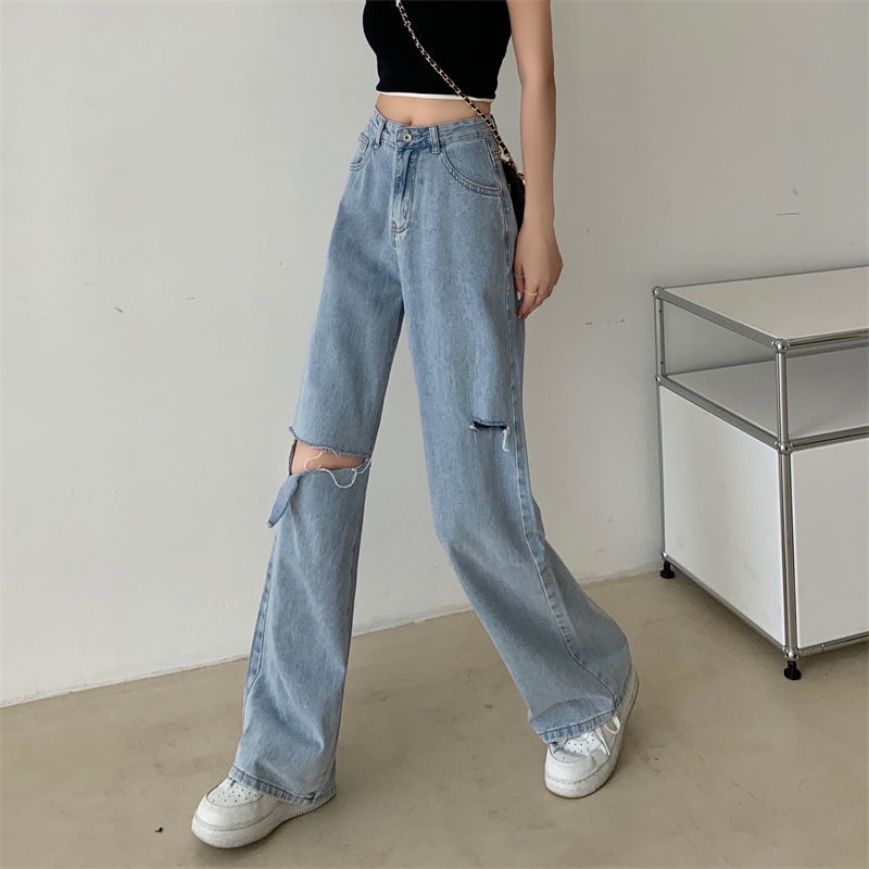 ✅COD new biru muda high waist sobek celana jeans panjang wanita