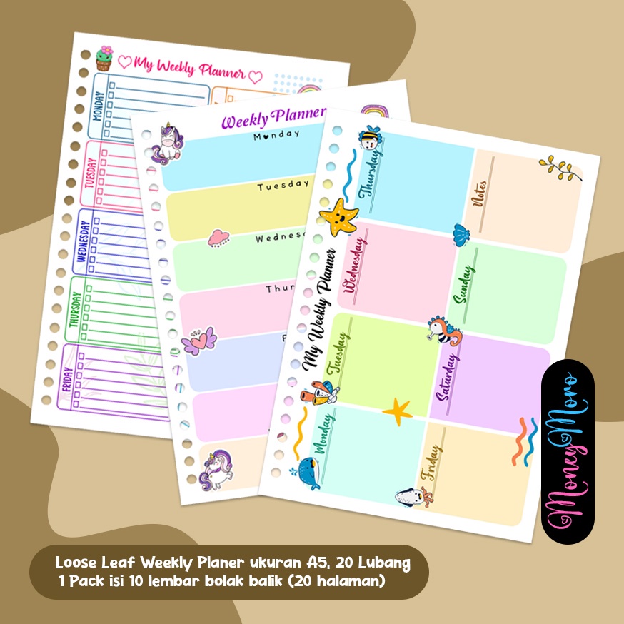 

MoneyMoro Weekly Planner Loose Leaf / Kertas Binder A5 20 Lubang