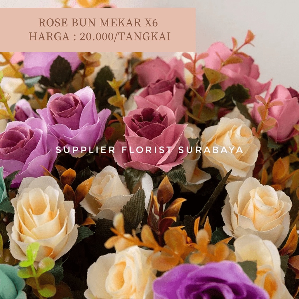 ROSE BUN MEKAR 1 TANGKAI CABANG 6 @2KEPALA, TOTAL 12 KEPALA BUNGA PALSU ARTIFICIAL FLOWER BUNGA MAINAN DIY FLORIST