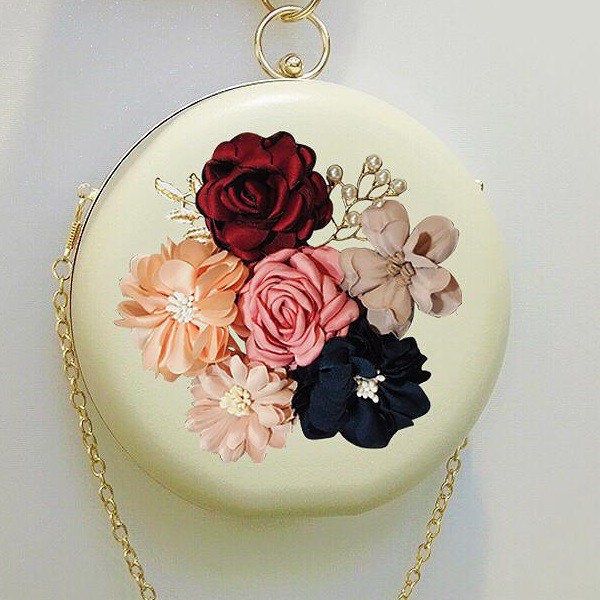 JT0064-khaki Tas Pesta Bulat Bunga Import Cantik