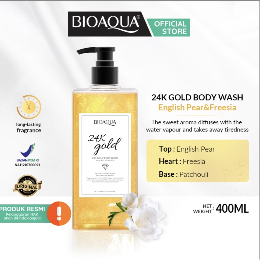 BIOAQUA 24K Gold Body Wash 400ml Shower Gel English Pear &amp; Freesia scent Sabun Mandi Cair Sabun Kecantikan Long lasting BPOM