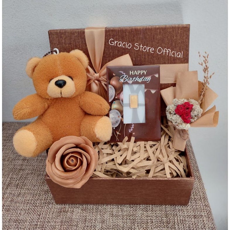 GIFT BOX SPESIAL BIRTHDAY NUANSA BROWN HAMPERS LOGAM MULIA ANTAM 1 GR