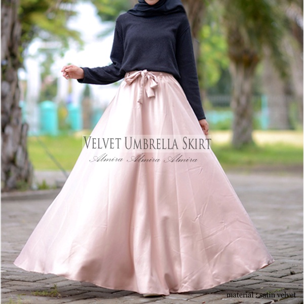 Rok Satin Panjang Payung Lebar Syari Kondangan Velvet Umbrella Skirt Almira Panjang 100cm