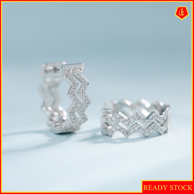 [Ready Stock]Women's Silver Light Luxury Full Diamond Wave Earrings