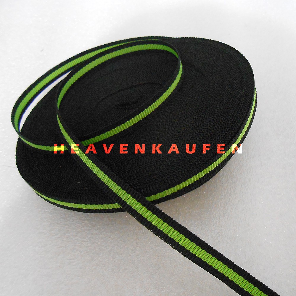 Tali Webbing Lanyard 1 cm Warna Hitam Strip Hijau Pupus Meteran