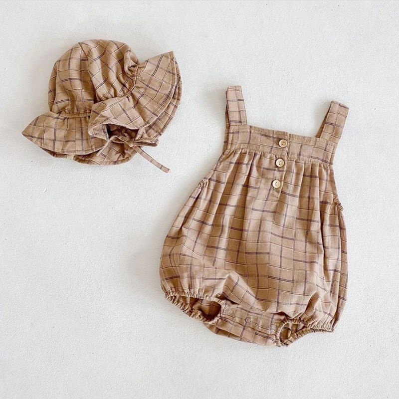 Romper anak/bayi perempuan lengan kutung motif kotak-kotak import (include hat)-3