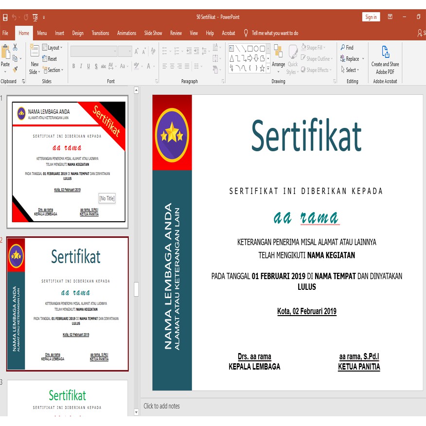 50 TEMPLATE DESIGN SERTIFIKAT / PIAGAM  FORMAT POWER POINT - SIAP EDIT - KEREN