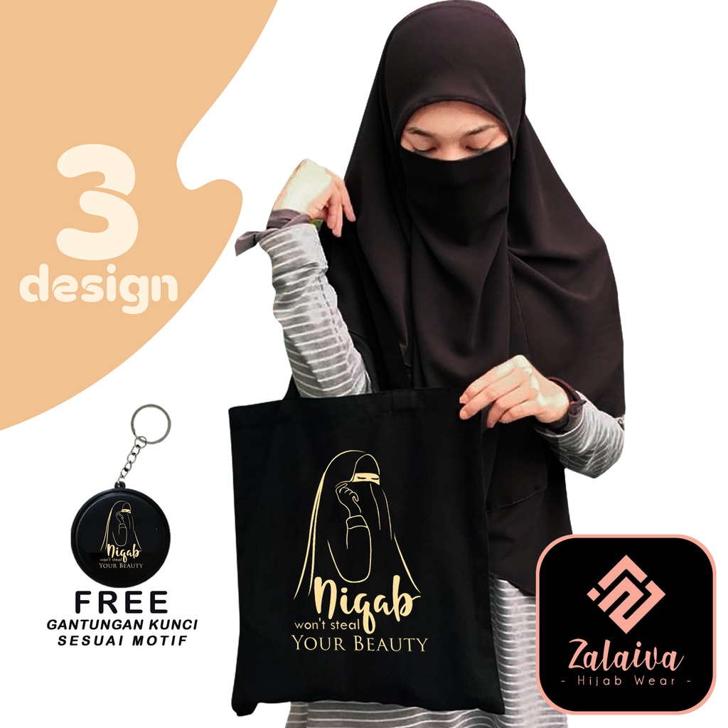 Tote Bag Muslimah Motif Niqab Cadar Tas Tote Bag Resleting Bahan Drill