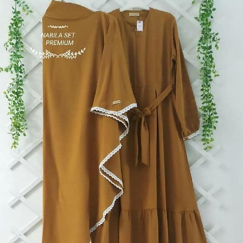 PROMO TERMURAH - Nabila Syari Gamis Set Khimar Muslim Wanita Crepe Aksen Renda Premium-3