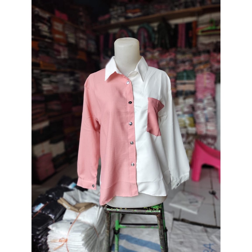 Kemeja Wanita Atasan Blouse Casual Polos Kombinasi Warna Lengan Panjang Model Pinguin Bahan Moscrepe-7