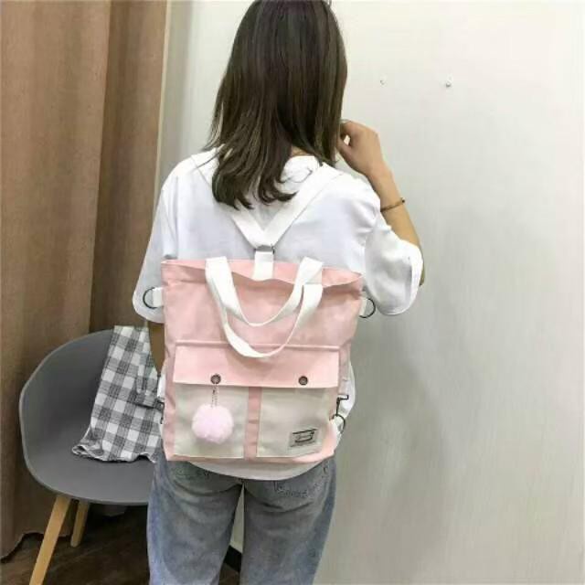 Tas Tote Bag Sekolah Wanita Kanvas Tebal 3in1 Sakura Ransel Selempang Resleting Cewek Kuliah Korea Fashion Murah Grosir COD TOKO92