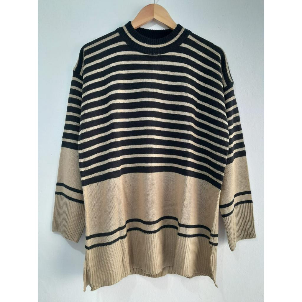 Nina Sweater Rajut Wanita 2 Tone Stripe Oversize