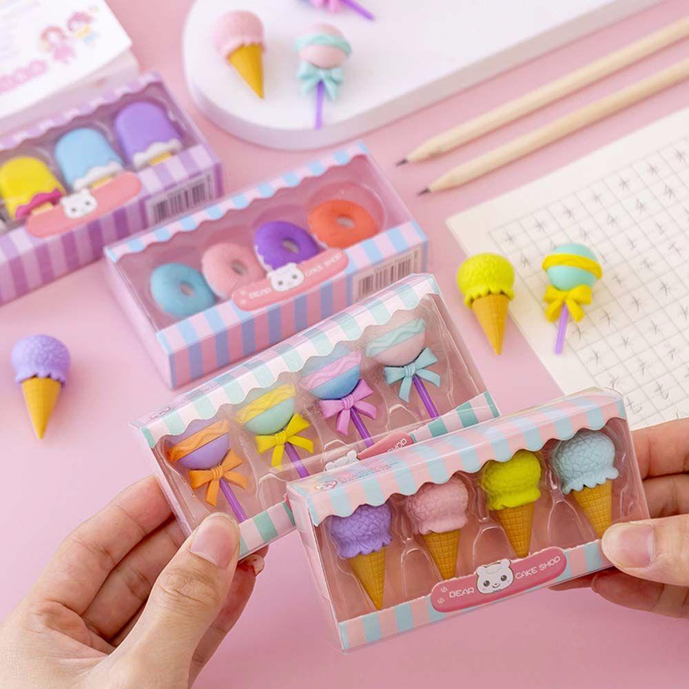 Rebuy Eraser Student 4pcs /Set Novelty Lolipop Dessert Shape Eraser Popsicle Perlengkapan Sekolah Penghapus Es Krim Set