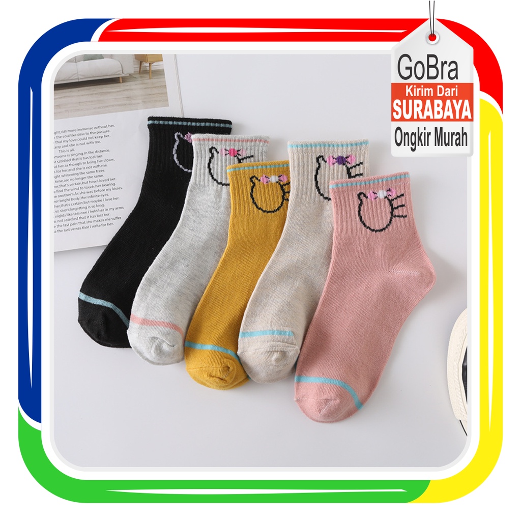 Gobra ♕ KK001 Kaos Kaki (Tanpa Kemasan) Wanita Panjang Diatas Mata Kaki Motif Kittie Fashion Korea Women Sock Import Murah