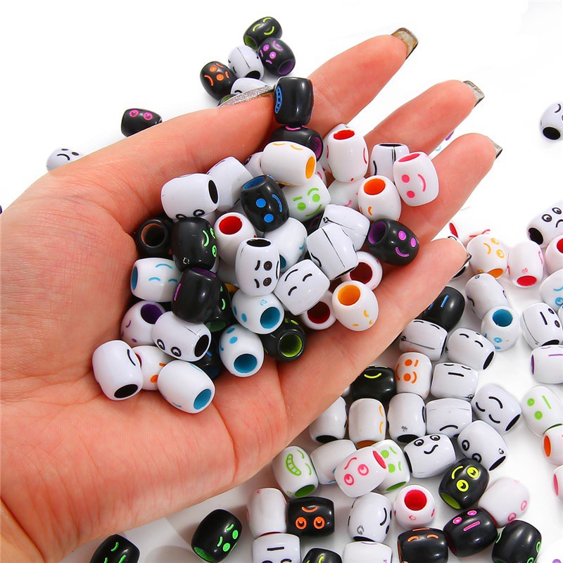 30Pcs/Lot 10mm Randomly Mixed Smiley Face Acrylic Barrel Hair Braid Dreadlock 5mm Hold Tube Beads For Diy Handmade Jewelry Making