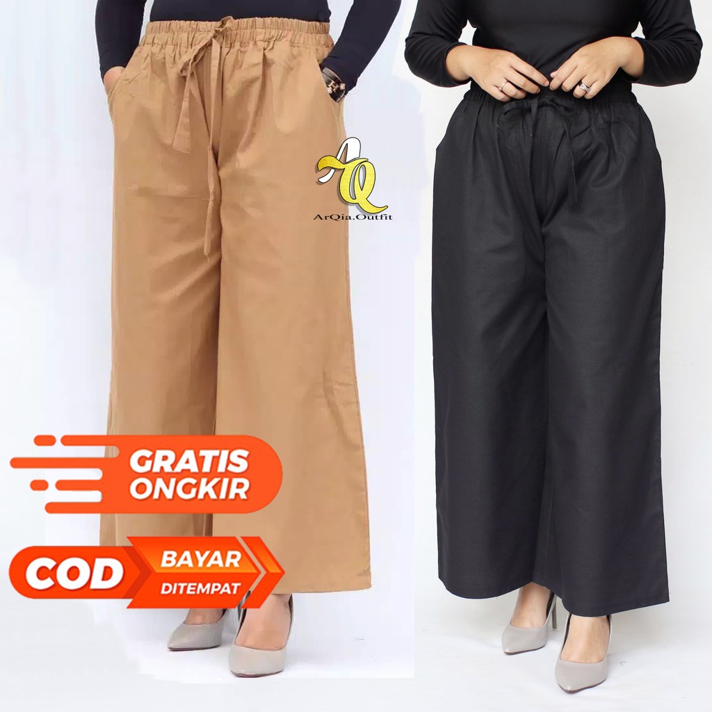 Celana Kulot Linen Highwaist Premium Hitam Putih Mocca Pinggang Karet Bisa Jumbo Kekinian Terbaru Te