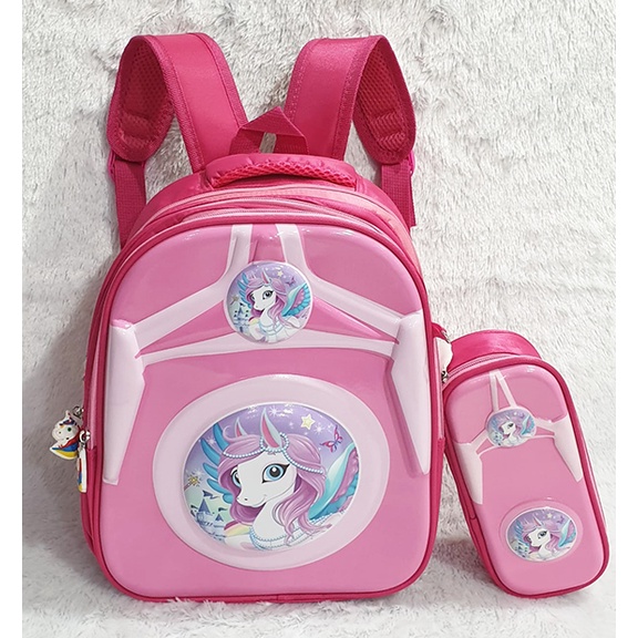 FREE PENSIL CASE - RANSEL 13&quot; TAS ANAK SEKOLAH TK LAKI LAKI / PEREMPUAN GAMBAR KUDA PONY DAN SUPER JAGOAN TIMBUL 3 RESLETING IMPORT + KTK ( KOTAK PENSIL ) VALE 13&quot; TK