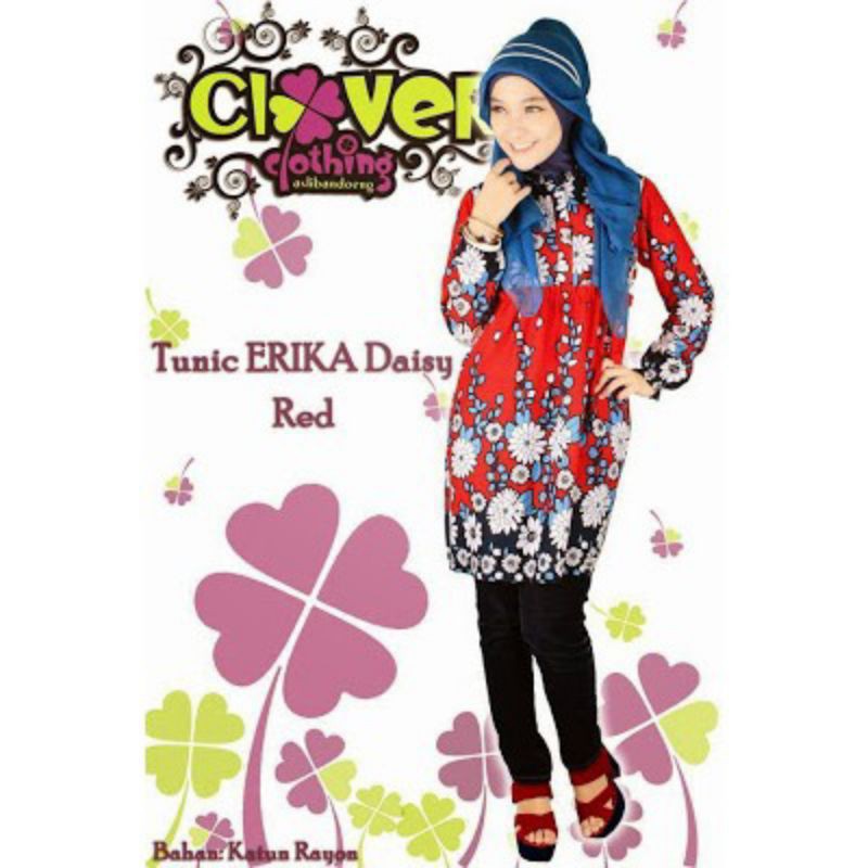 tunik Erika Daisy Red baju muslimah clover clothing tunik motif bunga