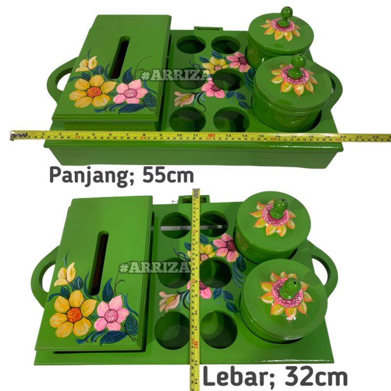 termurah TEMPAT AQUA GELAS SET TOPLES + TEMPAT TISU DARI KAYU JATI MOTIF WARNA HIJAU