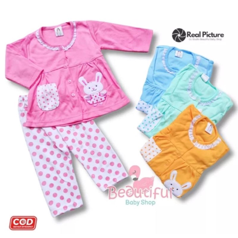 Setelan Piyama Bayi Perempuan 3-12 bulan Motif Kelinci / Setelan Baju Bayi Panjang / Celana Panjang 