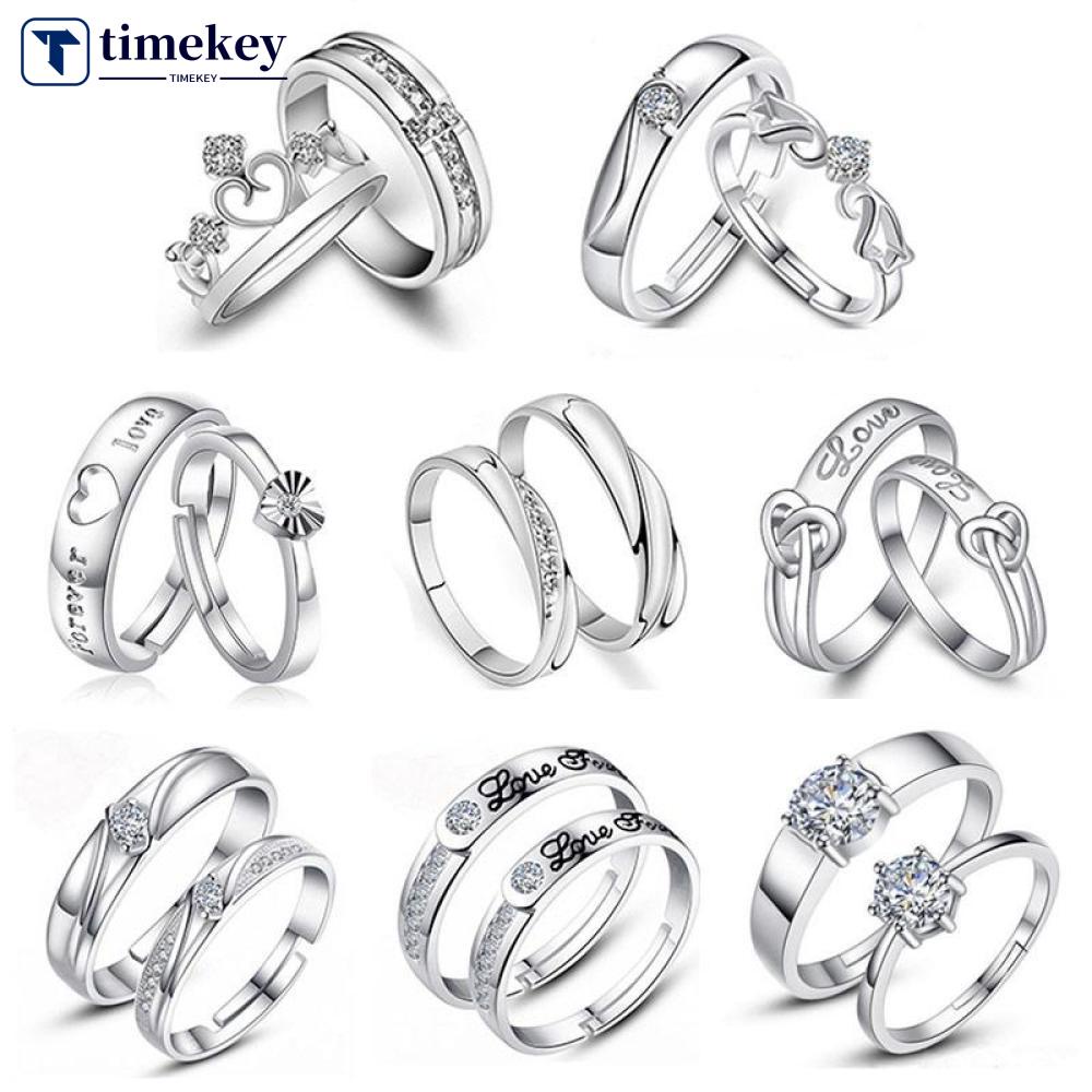 Timekey 1 Pasang Cincin Nikah Lapis Silver 925 Desain Hati Hias Kristal Zircon A6K5