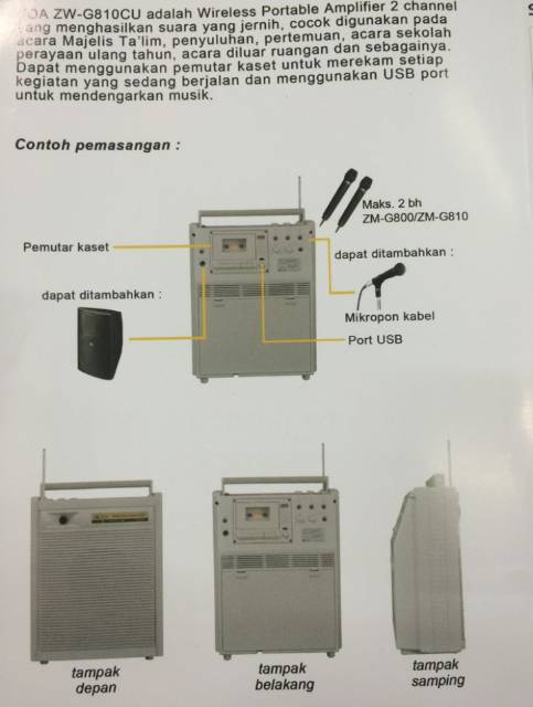 (NON COD) TOA ZW G810 CU WIRELESS AMPLI PORTABLE SPEAKER KASET + USB ORIGINAL