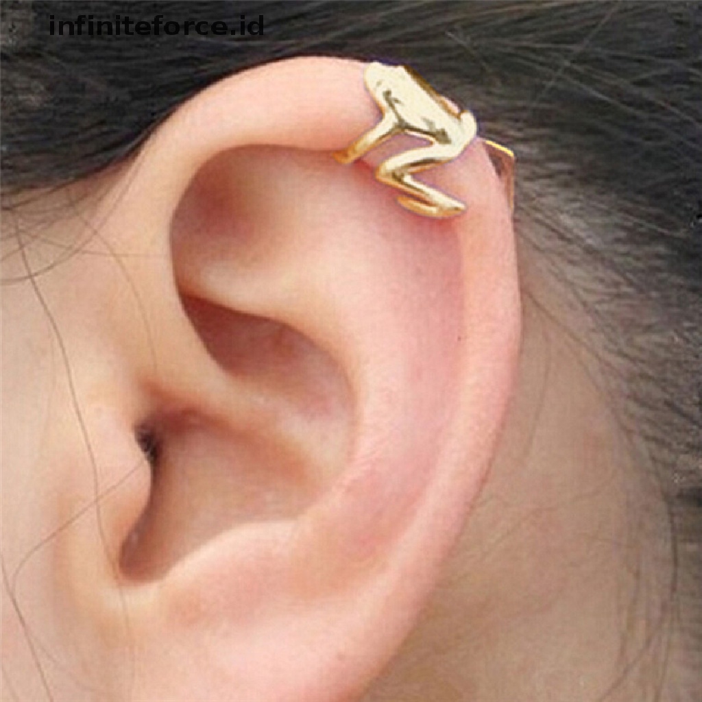 Infiniteforce.id 1pc Anting Cuff Jepit Telinga Lapis Emas Desain Katak Gaya Punk Retro