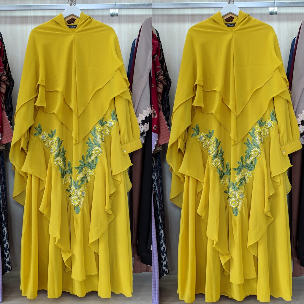 Gamis Syari Ceruty Bordir Set Khimar Gamis wanita Remaja Kekinian Ibu Ibu Jumbo Mewah-Lemon