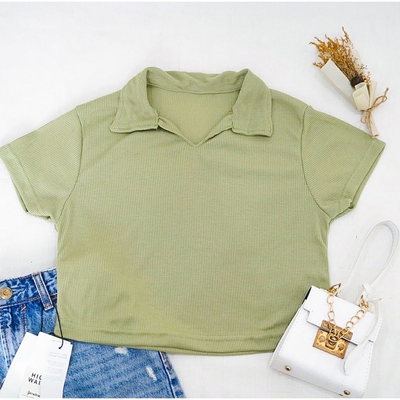 WTG - Kaos Wanita Crop Polos RIB Premium Crop V Collar / Baju crop kerah polos