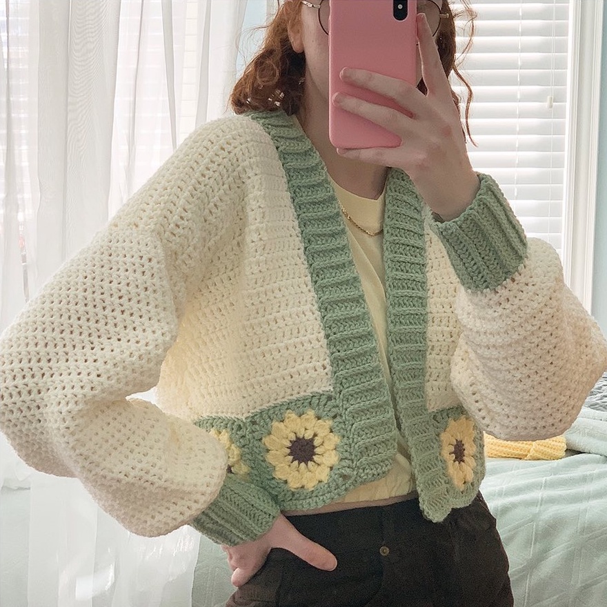 [READY] Cardigan Rajut Crop Oversize Handmade, Custom Cardigan Crochet Sunflower Granny Square, oute