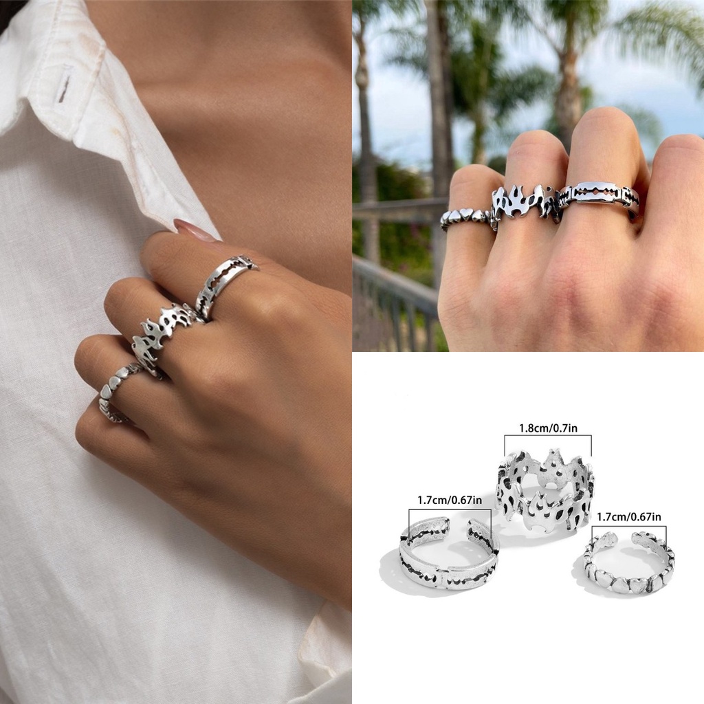 【COD Tangding】3pcs / SET Cincin Model Terbuka Desain Hati Geometris Gaya Retro Minimalis Korea Untuk Pria Dan Wanita