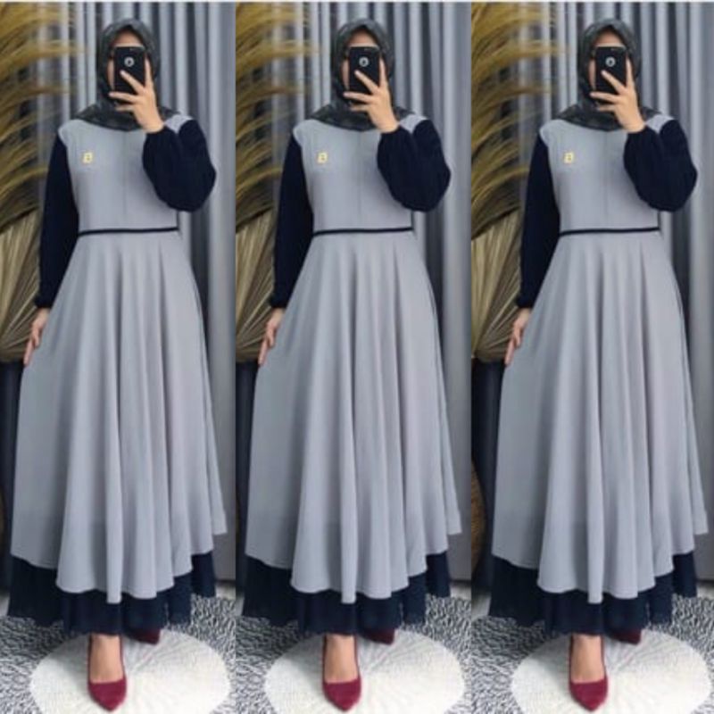 yk shop new gamis ceruty kombinasi  abu navy