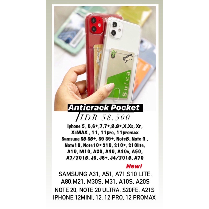 Anticrack Pocket Card Case samsung A31 A80 A70 M21 M30s A20s A10s S20 S10 S9 S8 plus Note 10 lite S8