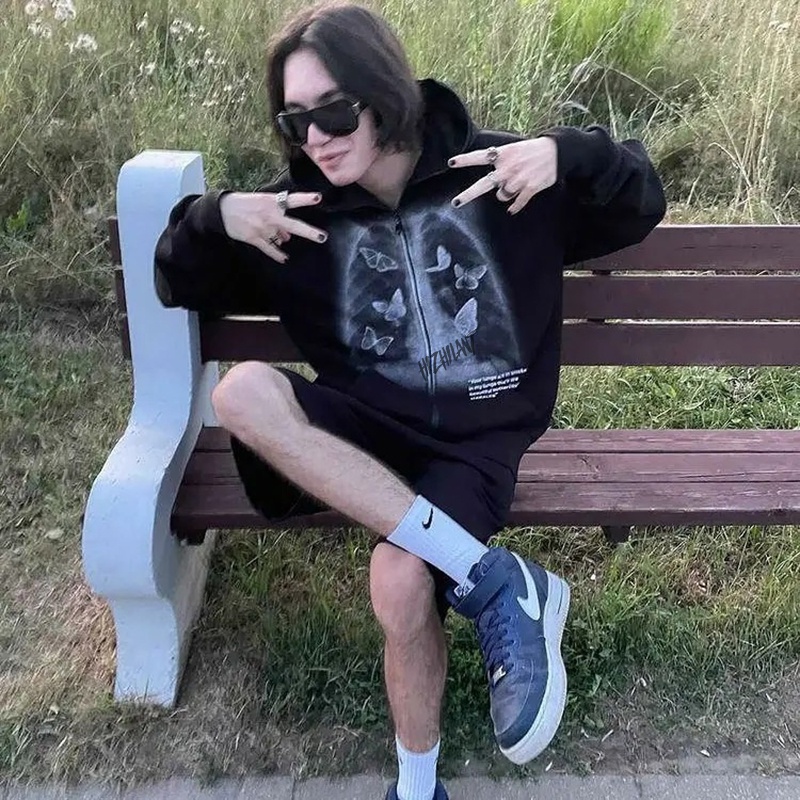 Oversized hoodie Streetwear Women Jacket butterfly Skeleto Graphic Goth Harajuku Y2k aesthetic Cloth