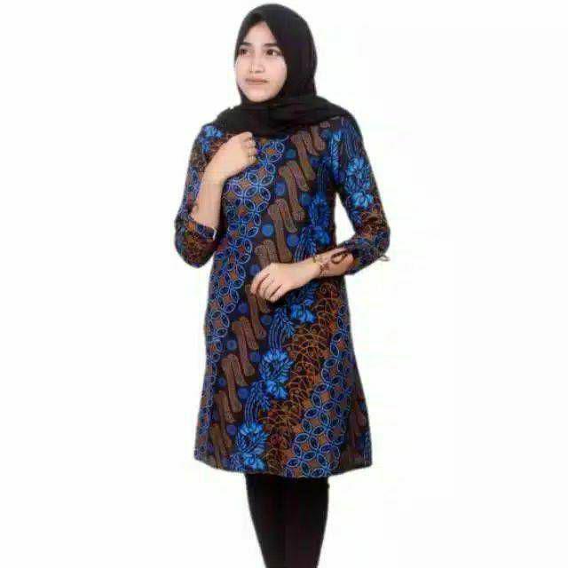 Batik couple keluarga sania ruffle ori ndoro jowi | motif seno biru-Tunik