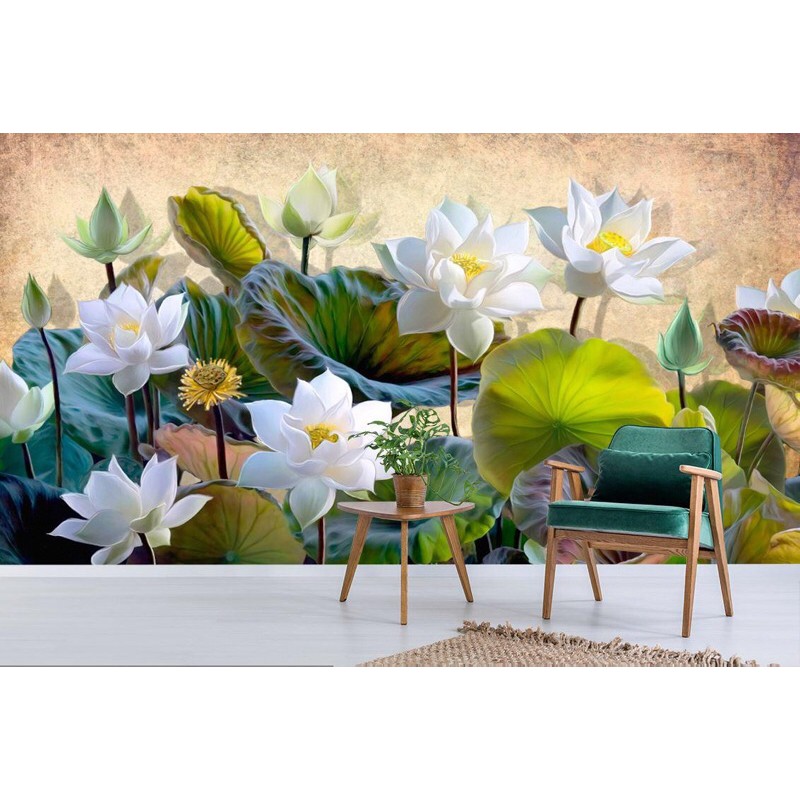 photowall Mural Dinding Wallpaper Mural Motif Bunga Teratai putih 3D