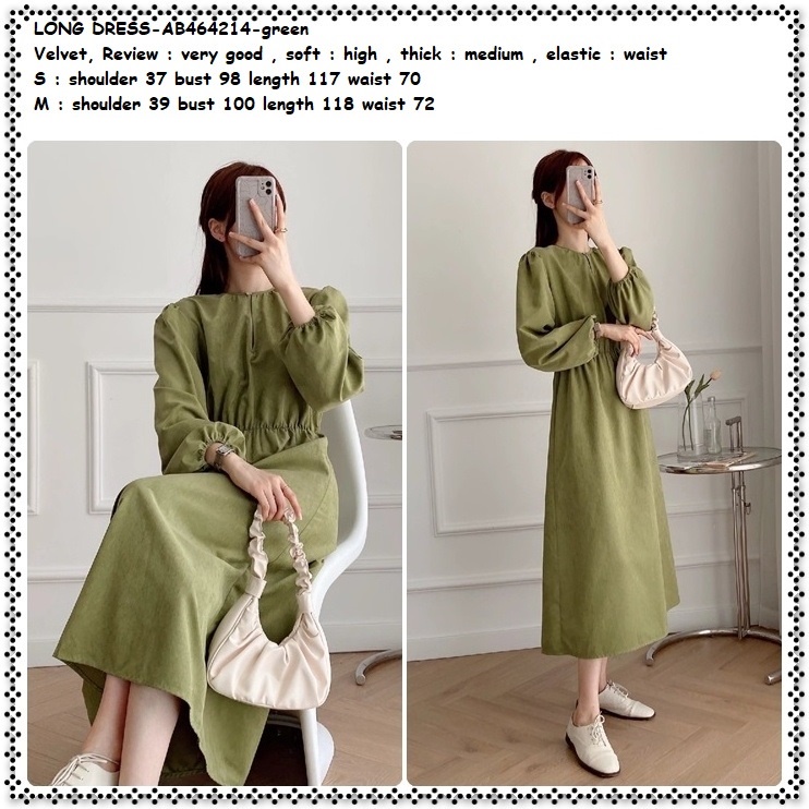 AB464214 Long Dress Midi Lengan Panjang Wanita Korea Import Army Green Hijau