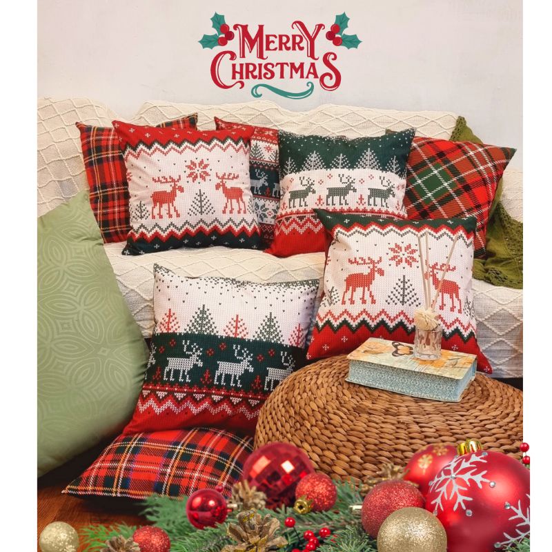 SARUNG BANTAL SOFA PRINT MOTIF NATAL CHRISTMAS SANTA CLAUSE SNOWMAN HOLIDAY 40X40 CM