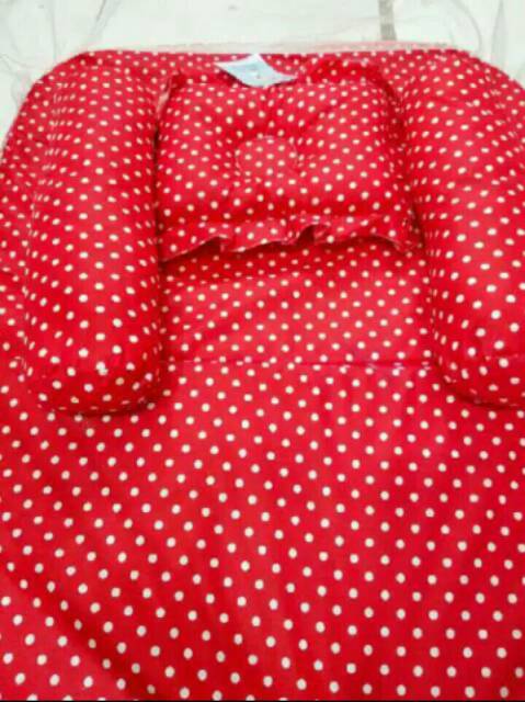 Kasur bayi lipat set bantal guling kelambu polkadot merah termurah