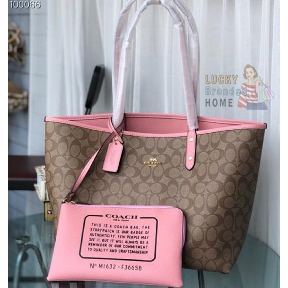 Tas COACH Tote Bag Signature Reversible 2in1 Khaki Pink Coach 36658