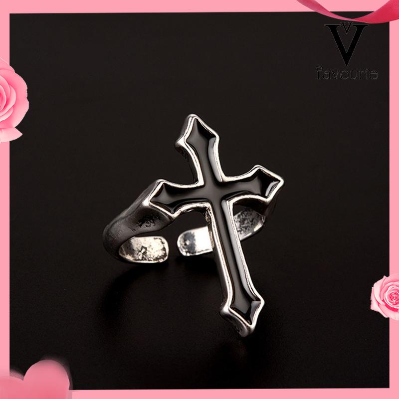 [COD]Retro Fashion Cross Cincin Pria Wanita Minyak Menetes Punk Jari Telunjuk Tren Cincin Hitam-FA