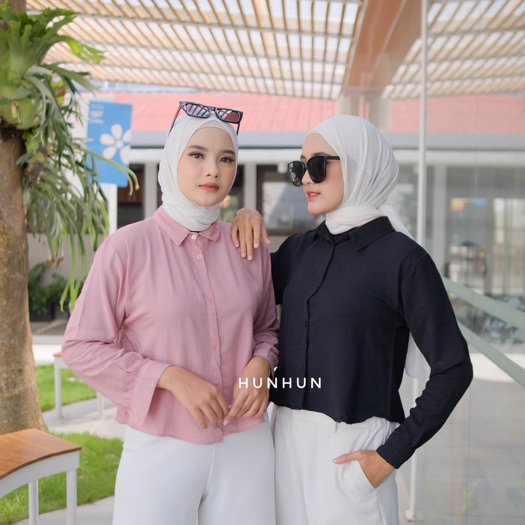 Hanin Crop Rayon Crincle/ Kemeja Crop fhanel Premium Keisya Crinkle AirFlow/ KEMEJA CRINCLE PUSATGROSIR_SOLO