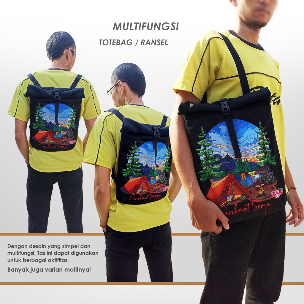 Totebag Ransel Multifungsi Rolltop Tas Pria Wanita Stylish Printing Motif Hitam Simple