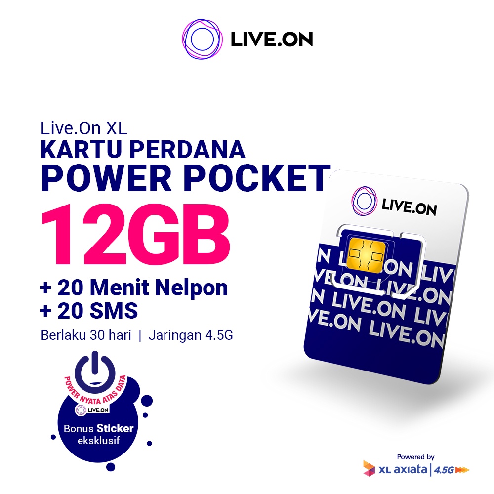 Live.On Kartu Perdana Power Pocket 12GB (30 hari) 4.5G + 20 Menit Nelpon + 20 SMS + Sticker G