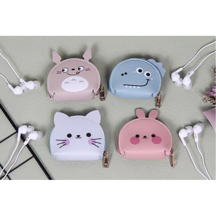 [KN-8227] / [KN-8231] Set Headset Earphone Motif Kepala HEWAN Bulat / Wadah Earphone Kartun Animal Head Lucu Bahan Kulit / Dompet Earphone Kulit Lucu