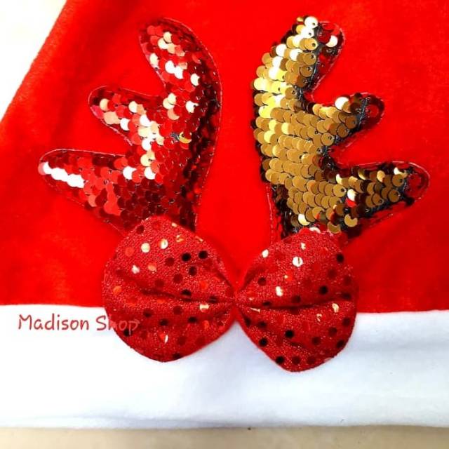 Topi Natal Tanduk Rusa Reversible Sequin Murah Bando Pita Natal Murah