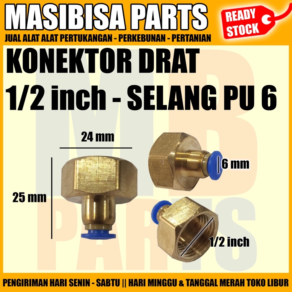 Konektor Slip Lock Tembaga 6mm / Drat Dalam 1/2&quot;